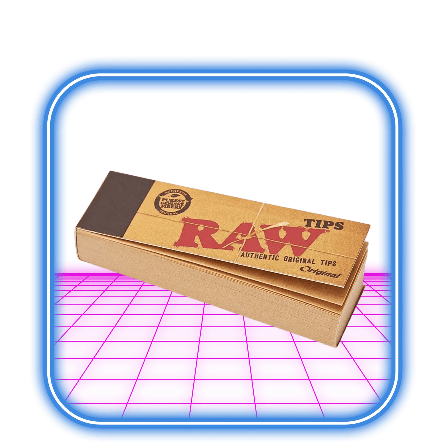 Ett paket RAW | Originalfilterspetsar (50st) gjorda av naturligt och oblektpapper med brun kraftdesign, visade på en lysande rosa yta med en blå, rundad rektangulär ram. Ideal för rullpapper och röktillbehör från RAW.