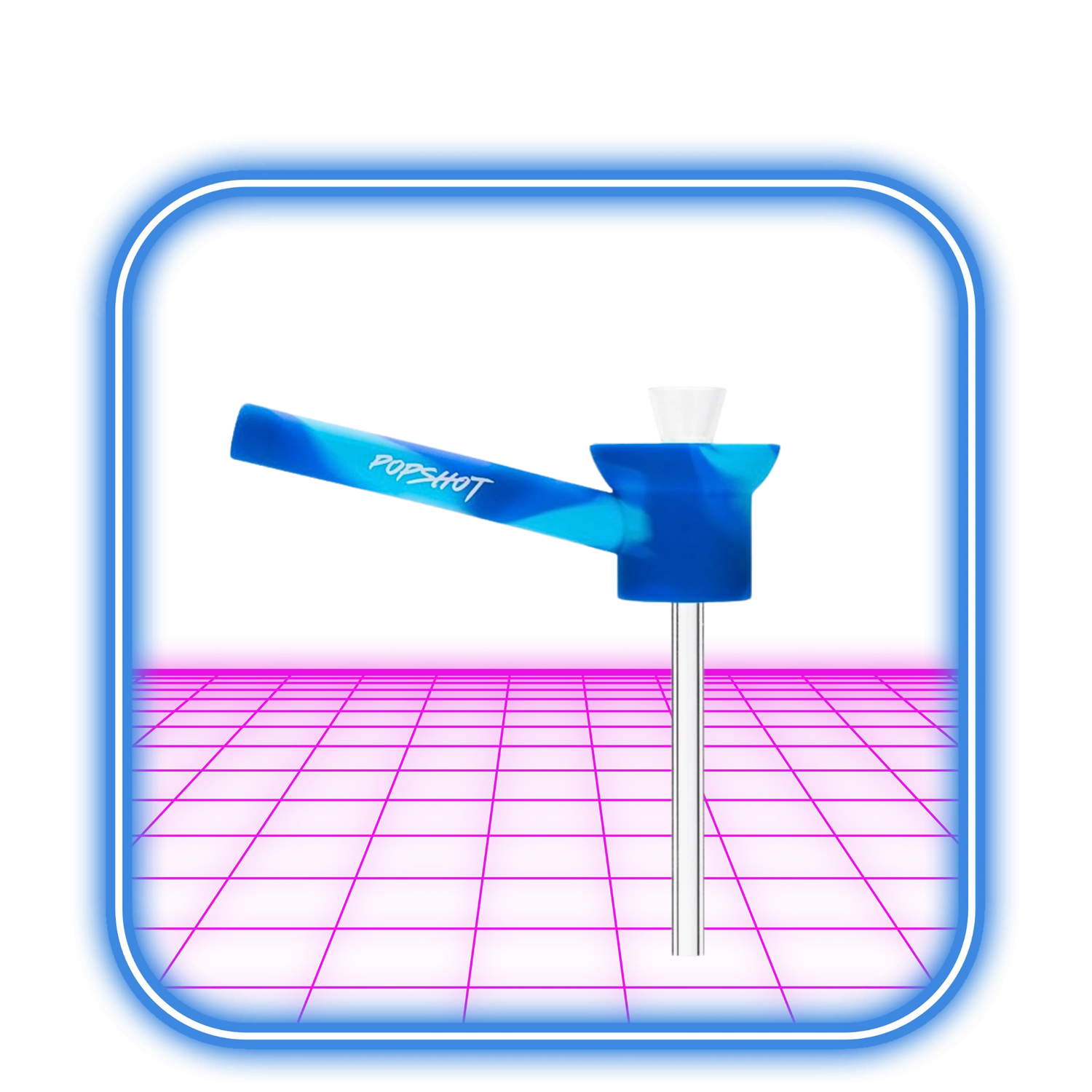 The Sunakin | PopShot - Blue Wave står upprätt på en glödande rosa, rutmönstrad yta, inramad av en rundad blå fyrkantig kant—tillverkad av värmetåligt borosilikatglas för en elegant, bärbar bongupplevelse.