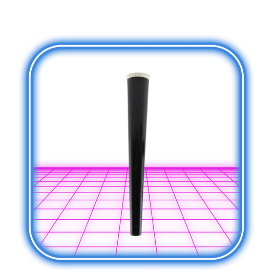 En Svart - Joint förvaring från HiMood.se, formad som en svart cylinder, hänger vertikalt i mitten av en blå fyrkantig ram med rosa, rutnätsliknande bakgrund.