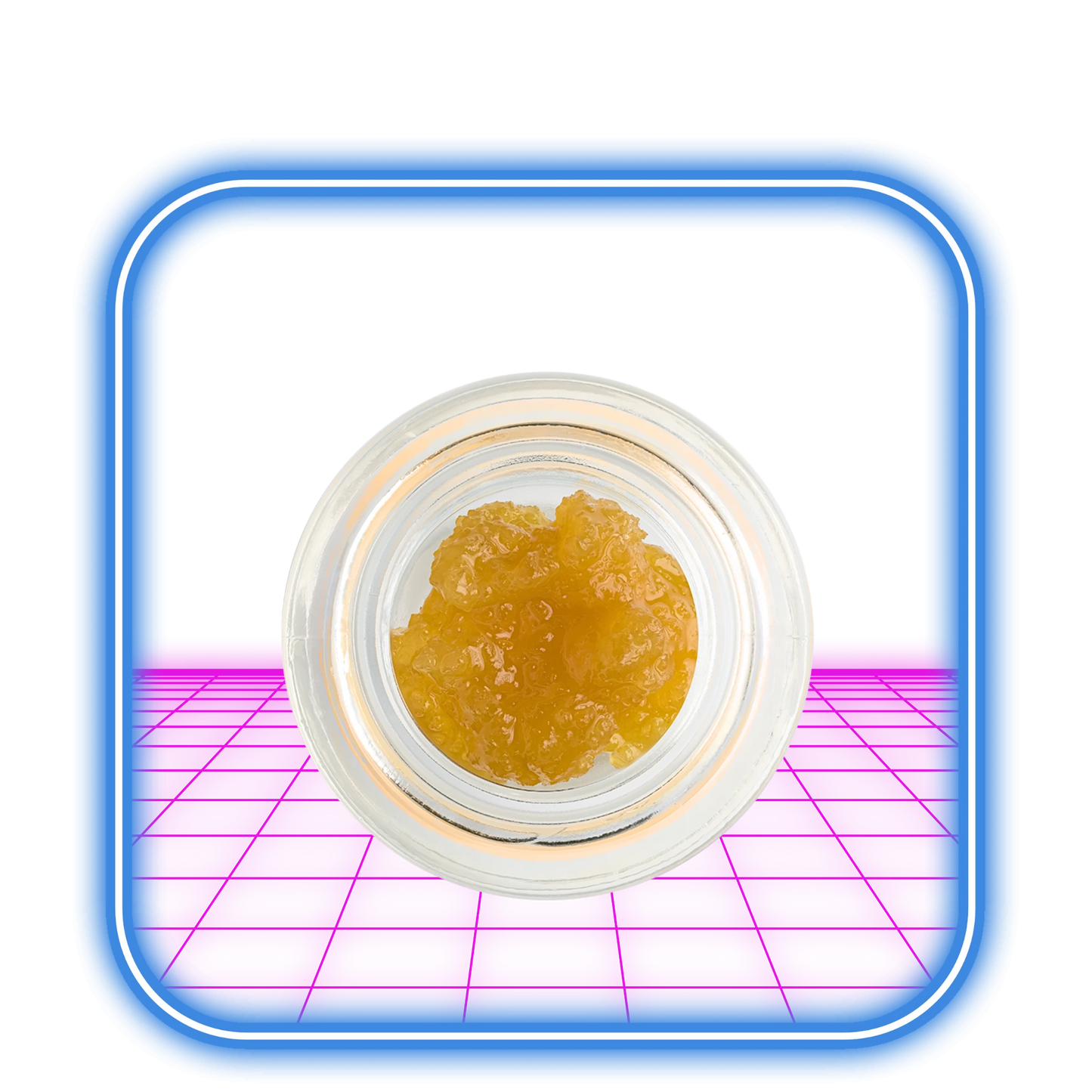 En glasburk med HiMoods THCA Live Resin 70% (1-50g) sitter centrerad på en rosa och lila rutnätsbakgrund, inramad av en lysande blå fyrkant som visar upp det gula, tjocka koncentratet.