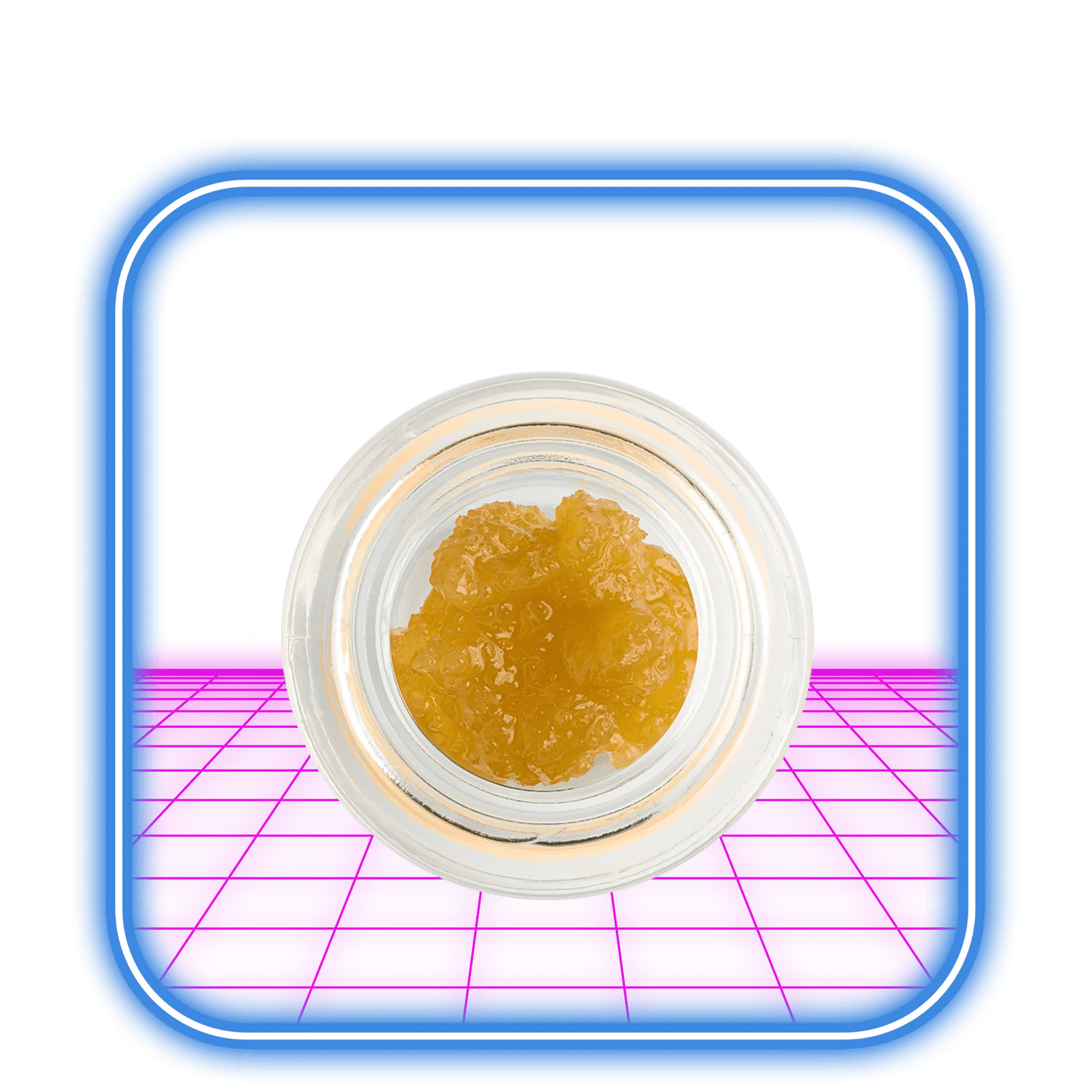 En glasburk med HiMoods THCA Live Resin 70% (1-50g) sitter centrerad på en rosa och lila rutnätsbakgrund, inramad av en lysande blå fyrkant som visar upp det gula, tjocka koncentratet.