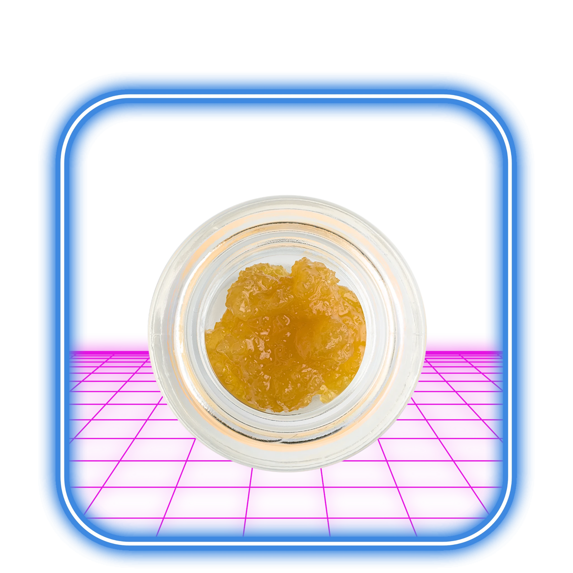 En glasburk med HiMoods THCA Live Resin 70% (1-50g) sitter centrerad på en rosa och lila rutnätsbakgrund, inramad av en lysande blå fyrkant som visar upp det gula, tjocka koncentratet.