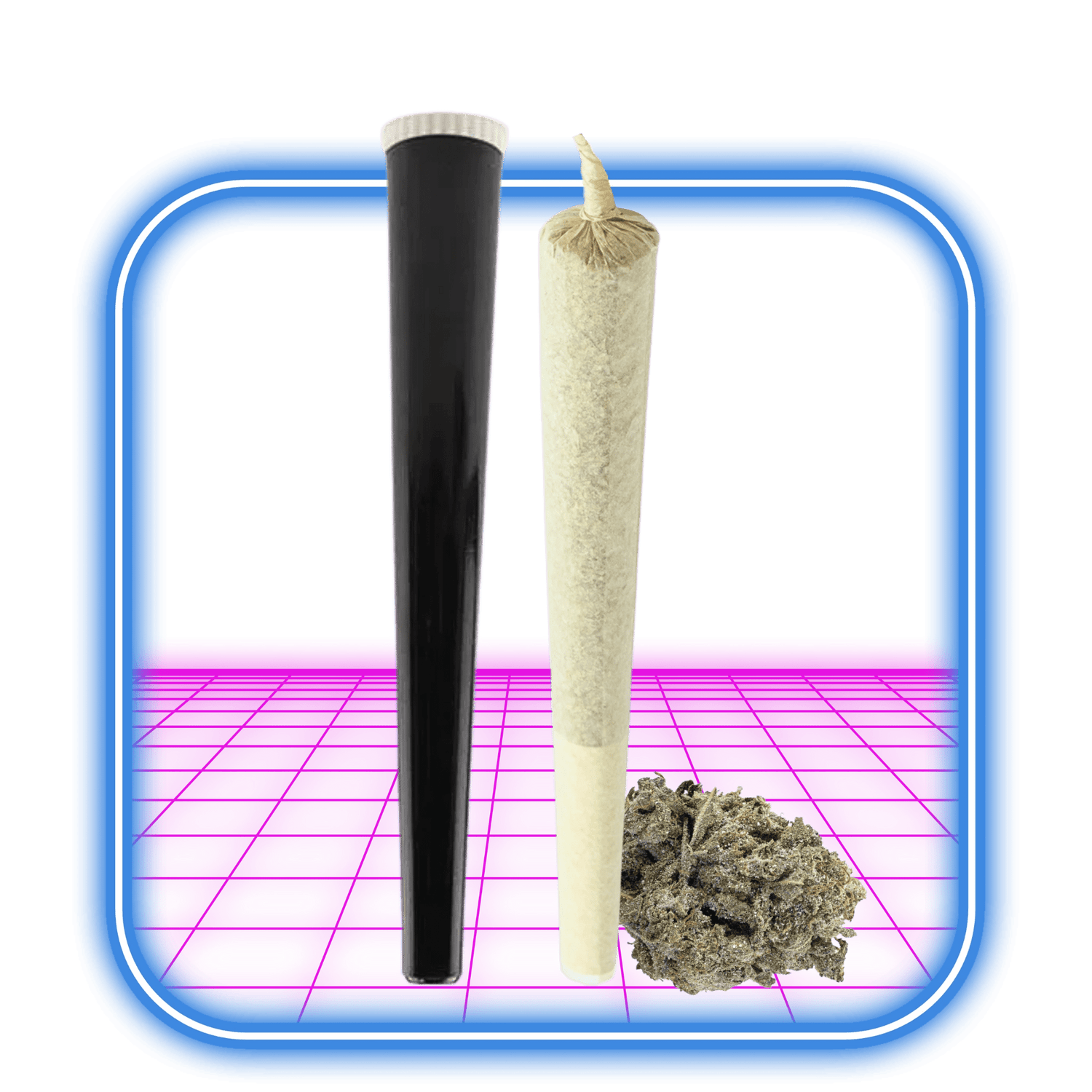 Ett svart plasttub, en HiMood THCA Preroll | Bangkok Sativa 22% 1g och torkad Sativa-cannabis vilar på en ljusrosa och blå bakgrund med en fyrkantig blå kant.