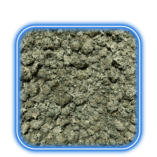 En närbild av finhackade torkade gröna örtknoppar i en blå bricka framhäver HiMoods THCA Shake/Trim - Bangkok Sativa <22% - 5g, en Industrihampa-produkt rik på icke-psykoaktiva cannabinoider.