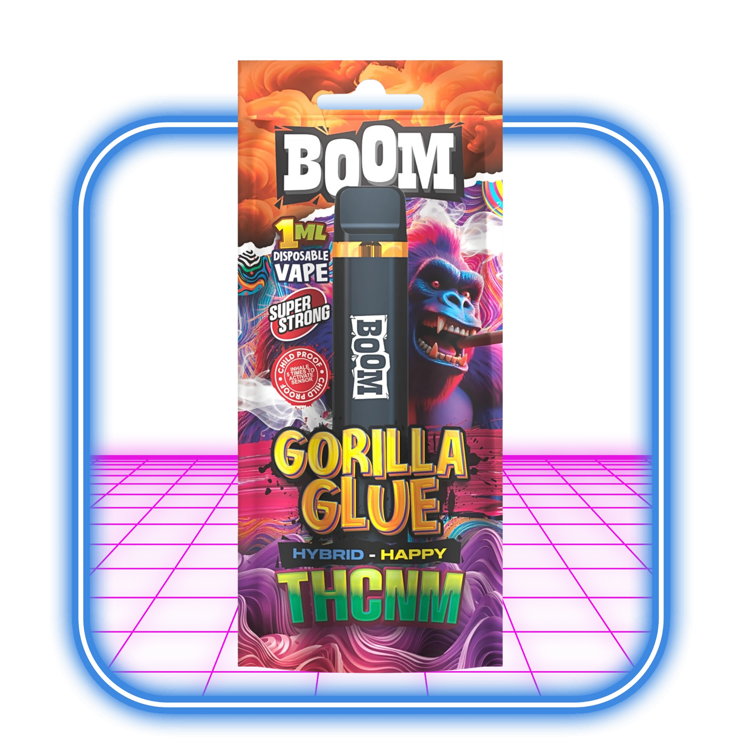 ACAN THCNM Boom Gorilla Glue (Hybrid) Vape 1ml har ett livfullt blått och rosa gorillakonstverk mot en glödande bakgrund, vilket visar upp den energiska dragningskraften hos denna unika cannabinoidblandning.