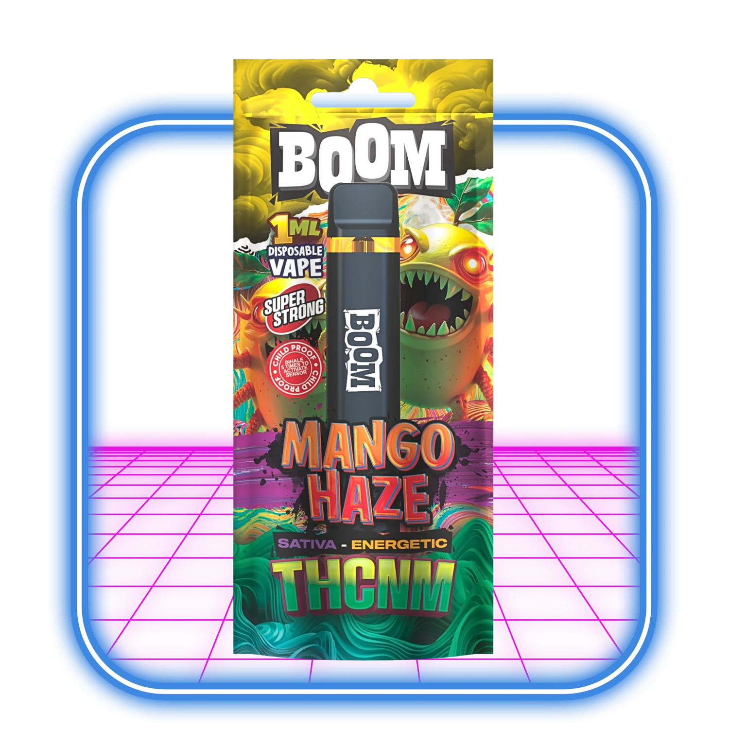 ACAN THCNM Boom Mango Haze (Sativa) Vape 1ml kommer i en livfull, energisk förpackning med ett seriemonster, fet text och cannabinoiddetaljer. Produkten står inuti en lysande blå och rosa fyrkantig ram.