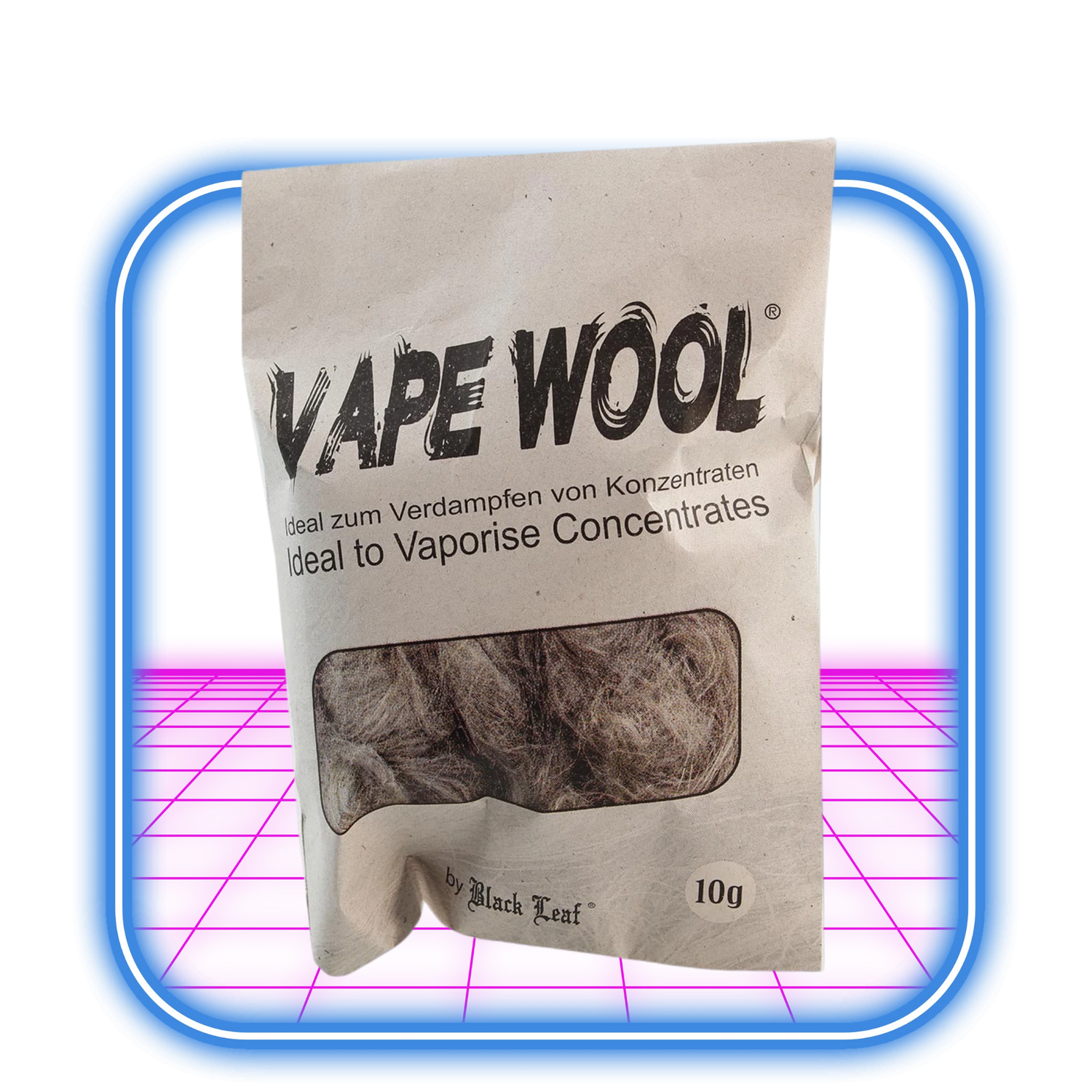 En 10g påse Vape Ull/Wool Hampafibrer från Black Leaf, gjord för en bättre vapingupplevelse, visas framför en neonblå och rosa digital ram. Den beige väskan har svart text och ett tydligt fönster som avslöjar ullen inuti.