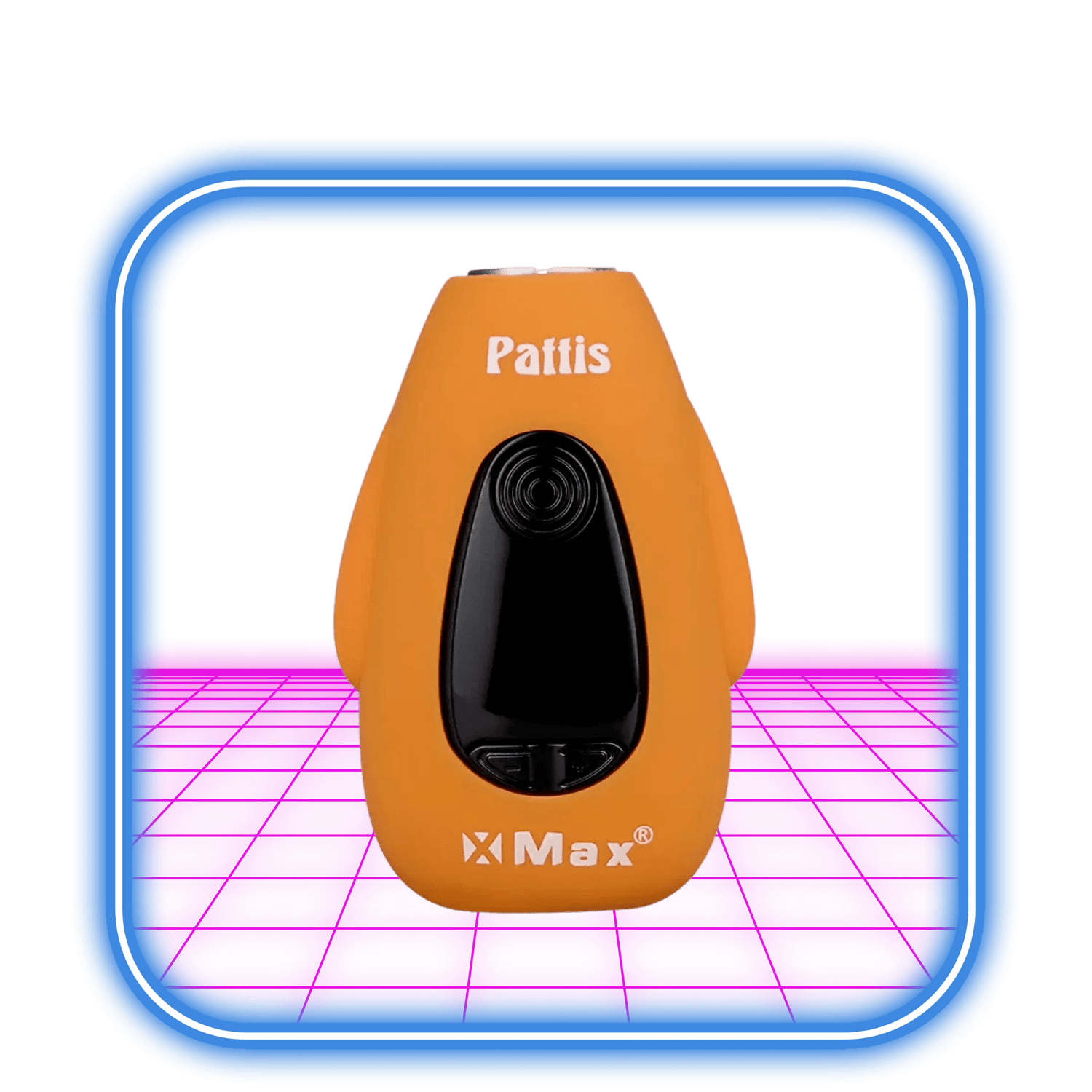 XMAX | Pattis 500 mAh 510 Batteri – Orange är en handhållen enhet med svart knapp och USB-C-laddning, visad på en ljusrosa yta och inramad av blått ljus.
