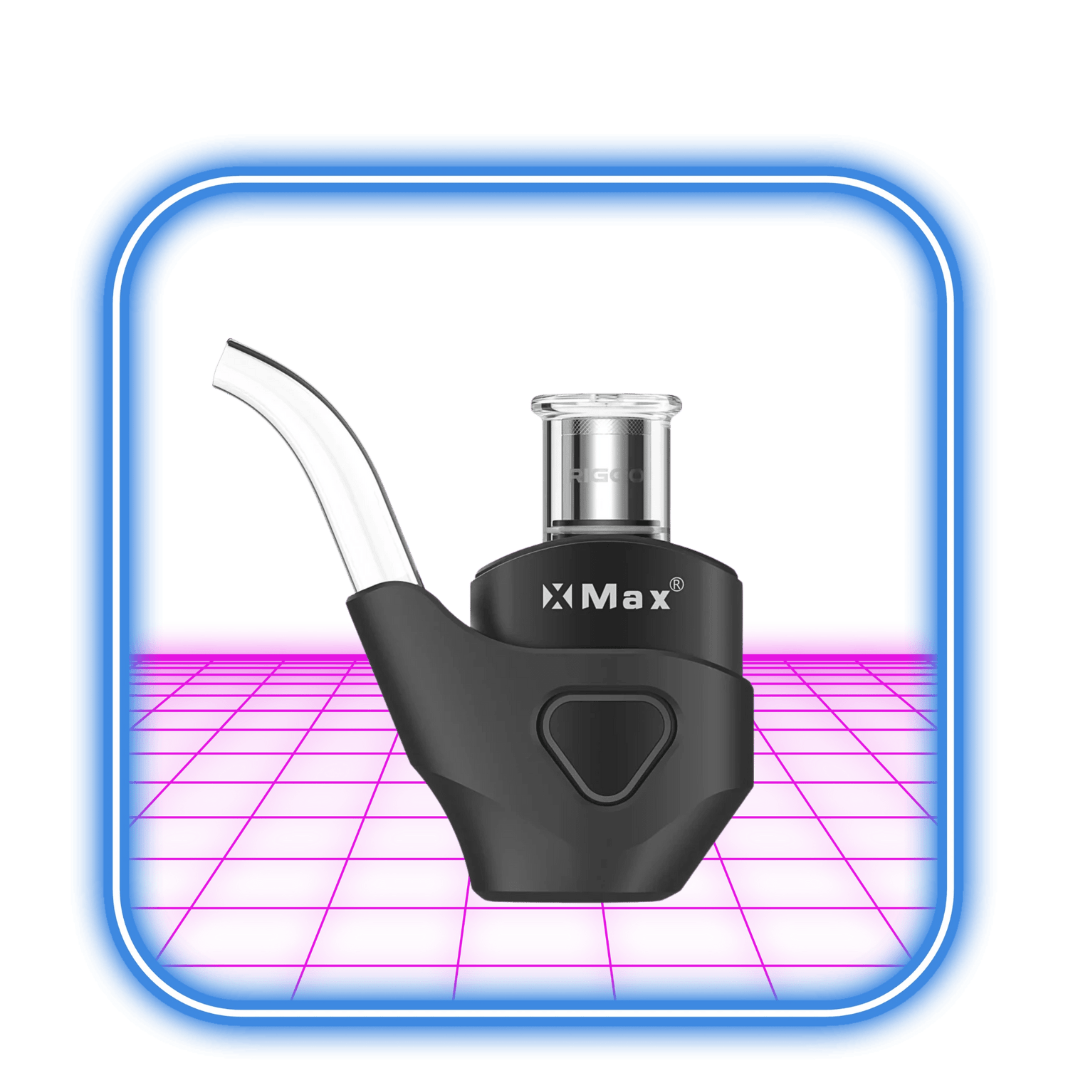 XMAX | Riggo - Svart vaporizer, med ett böjt glasmunstycke och XMAX-märke, sitter på en neonrosa och blå bakgrund med en glödande kant, vilket ger en smidig e-nagel mångsidighet för anpassningsbara sessioner.