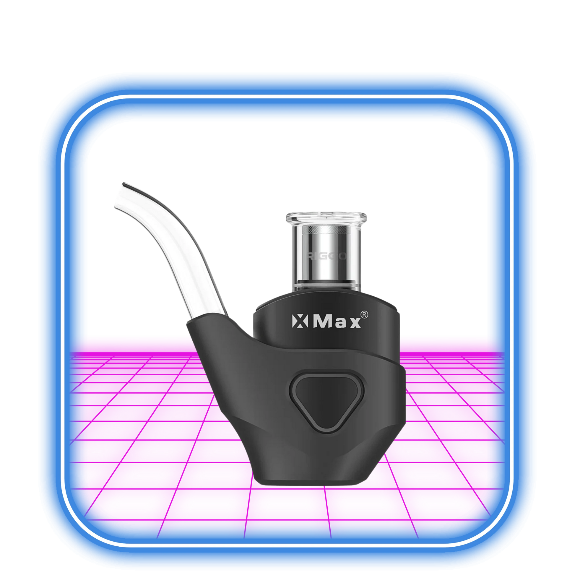XMAX | Riggo - Svart vaporizer, med ett böjt glasmunstycke och XMAX-märke, sitter på en neonrosa och blå bakgrund med en glödande kant, vilket ger en smidig e-nagel mångsidighet för anpassningsbara sessioner.