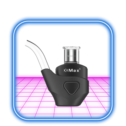 XMAX | Riggo - Svart vaporizer, med ett böjt glasmunstycke och XMAX-märke, sitter på en neonrosa och blå bakgrund med en glödande kant, vilket ger en smidig e-nagel mångsidighet för anpassningsbara sessioner.