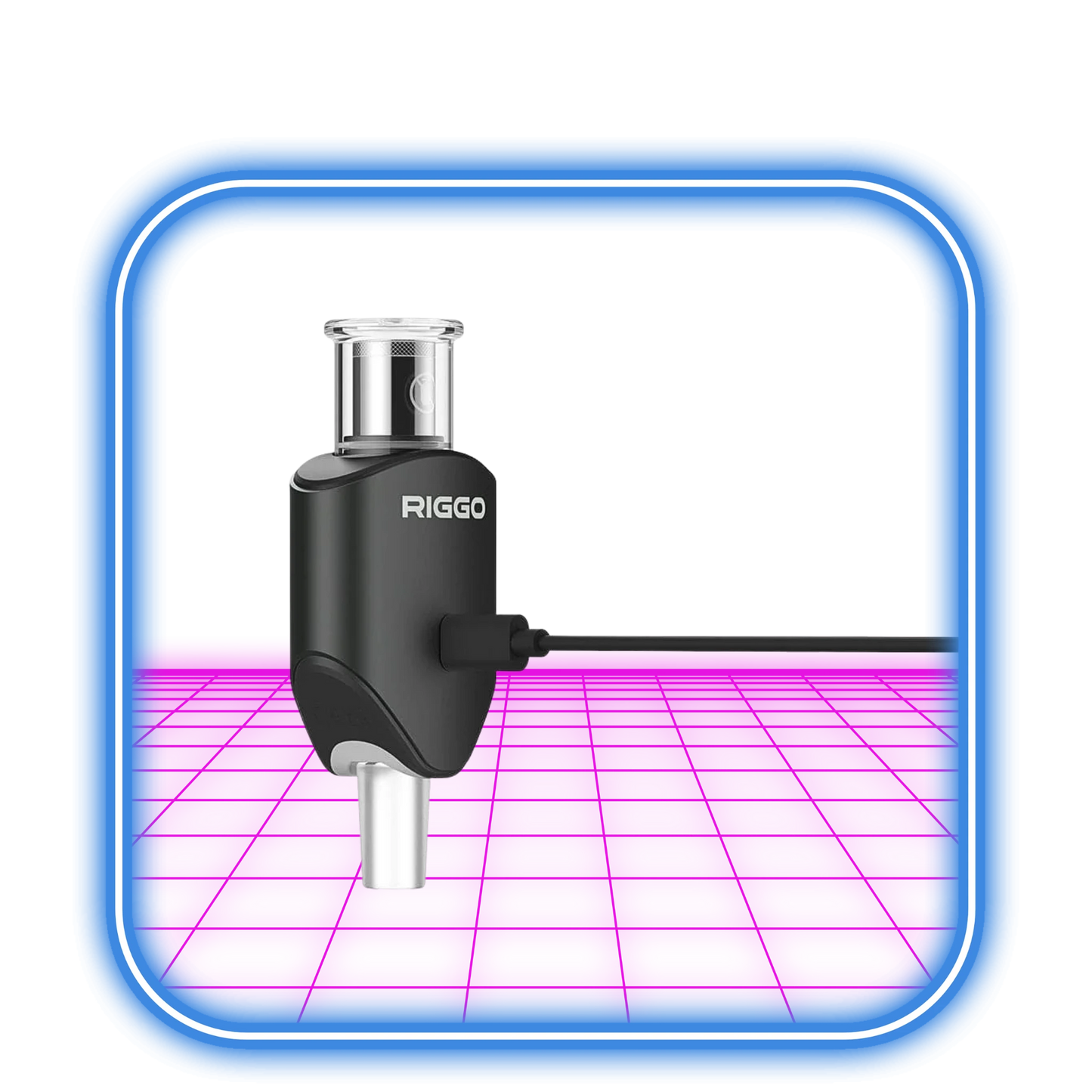XMAX | Riggo - Svart, en svart e-nagel med en glasskiva och kabel, visas upp av XMAX inuti en blå fyrkantig ram på ett ljust rosa rutmönstrat golv.