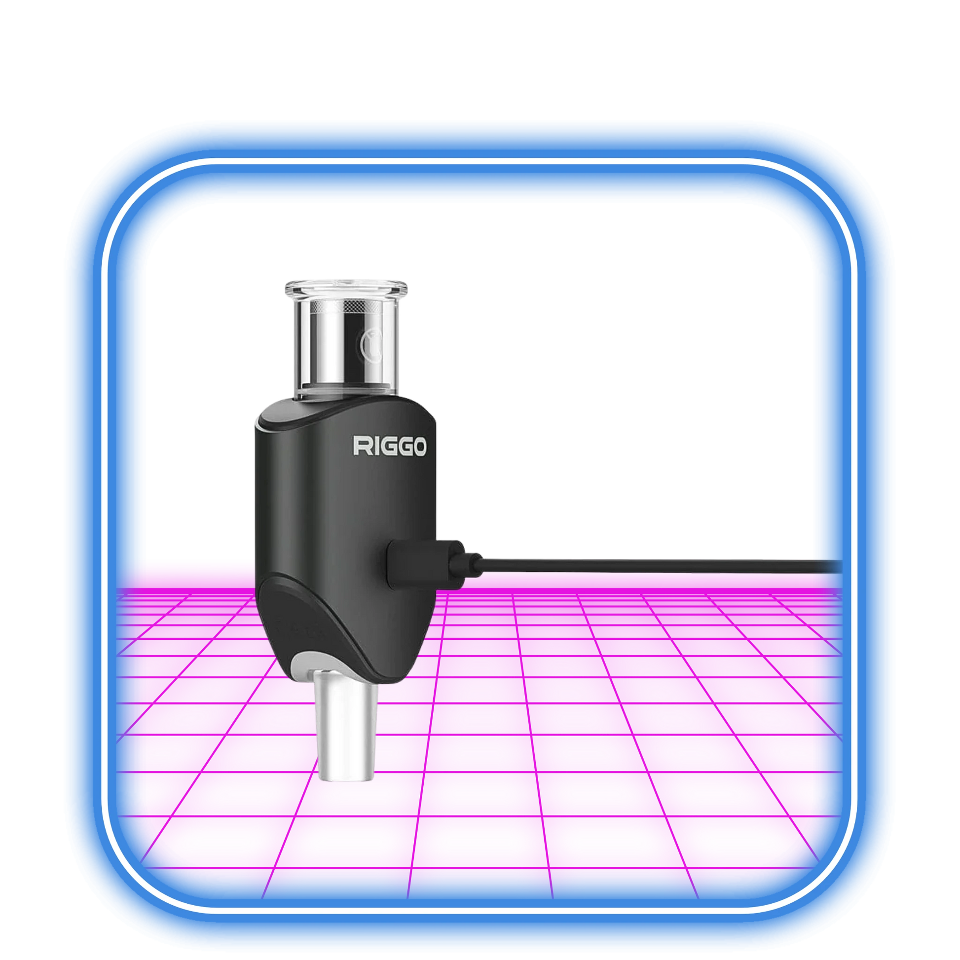 XMAX | Riggo - Svart, en svart e-nagel med en glasskiva och kabel, visas upp av XMAX inuti en blå fyrkantig ram på ett ljust rosa rutmönstrat golv.