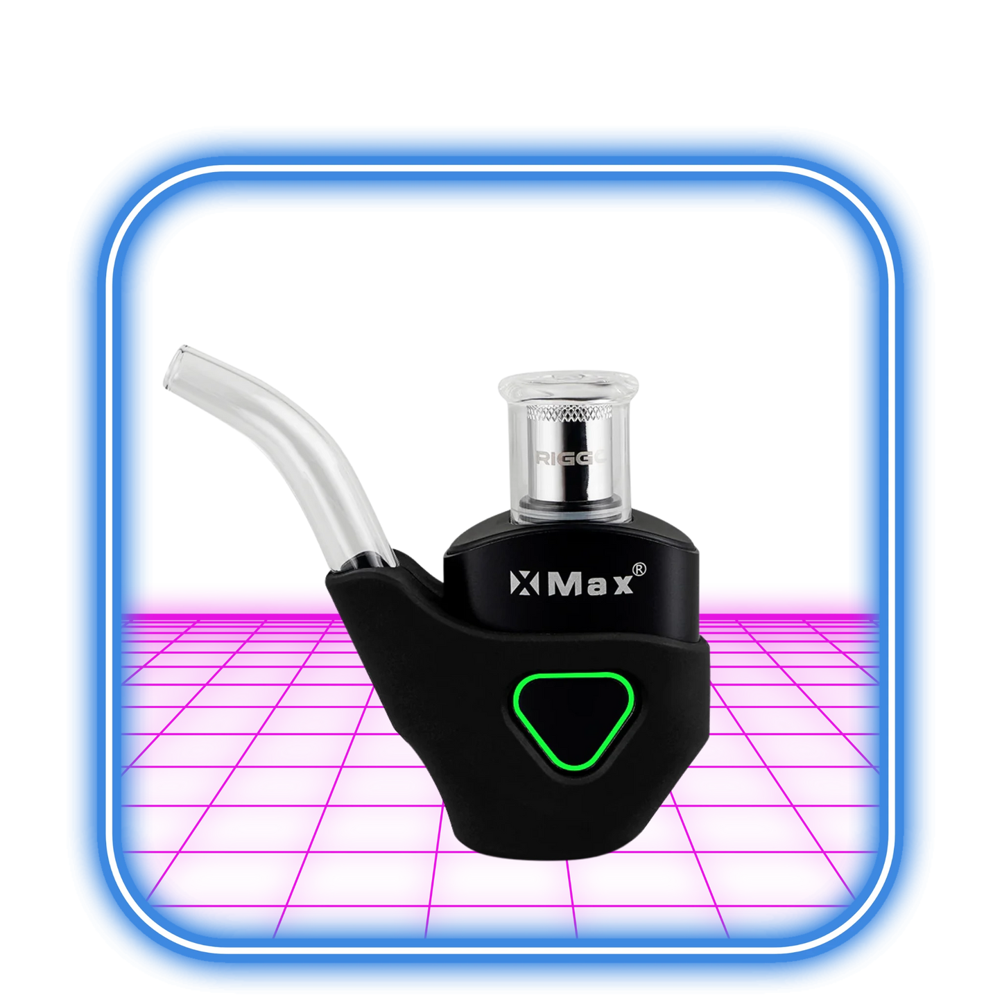 XMAX | Riggo - Svart vaporizer har ett munstycke av glas och en metallkammare, som visas på en glödande rosa yta inramad av en blå neonfyrkant - perfekt för alla som vill ha en snygg dubbpenna från XMAX.