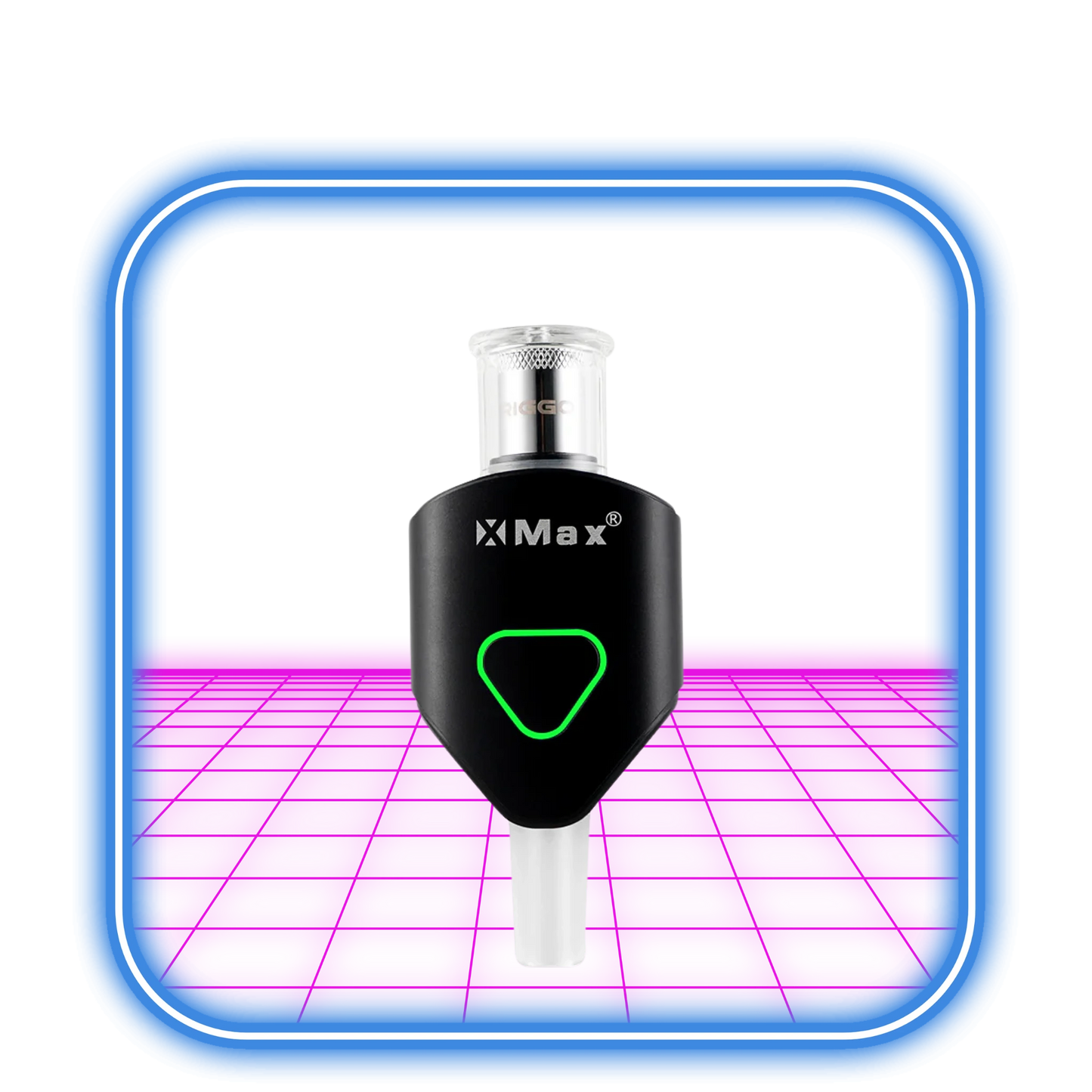 XMAX | Riggo - Svart vaporizer, med en triangulär grön kontur, svävar över en glödande rosa yta och ramas in av en neonbelyst rundad blå kant.
