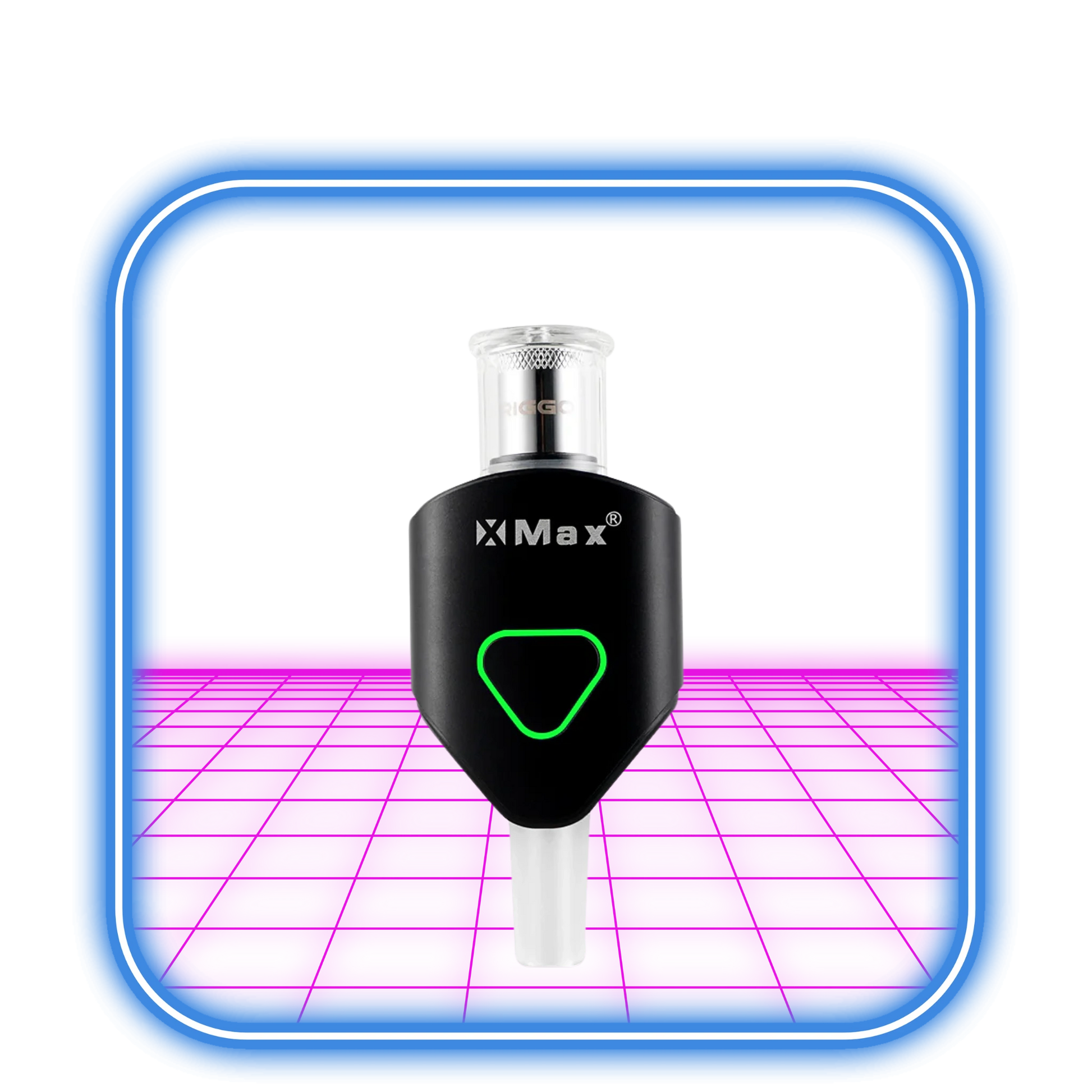 XMAX | Riggo - Svart vaporizer, med en triangulär grön kontur, svävar över en glödande rosa yta och ramas in av en neonbelyst rundad blå kant.