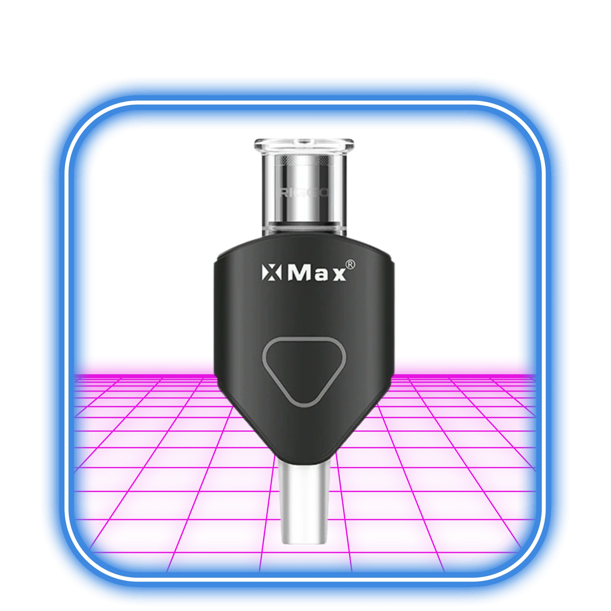 En svart XMAX | Riggo - Svart vaporizer med en klar glasskiva är centrerad på en ljusrosa yta, som omges av en blå neon fyrkantig kant.