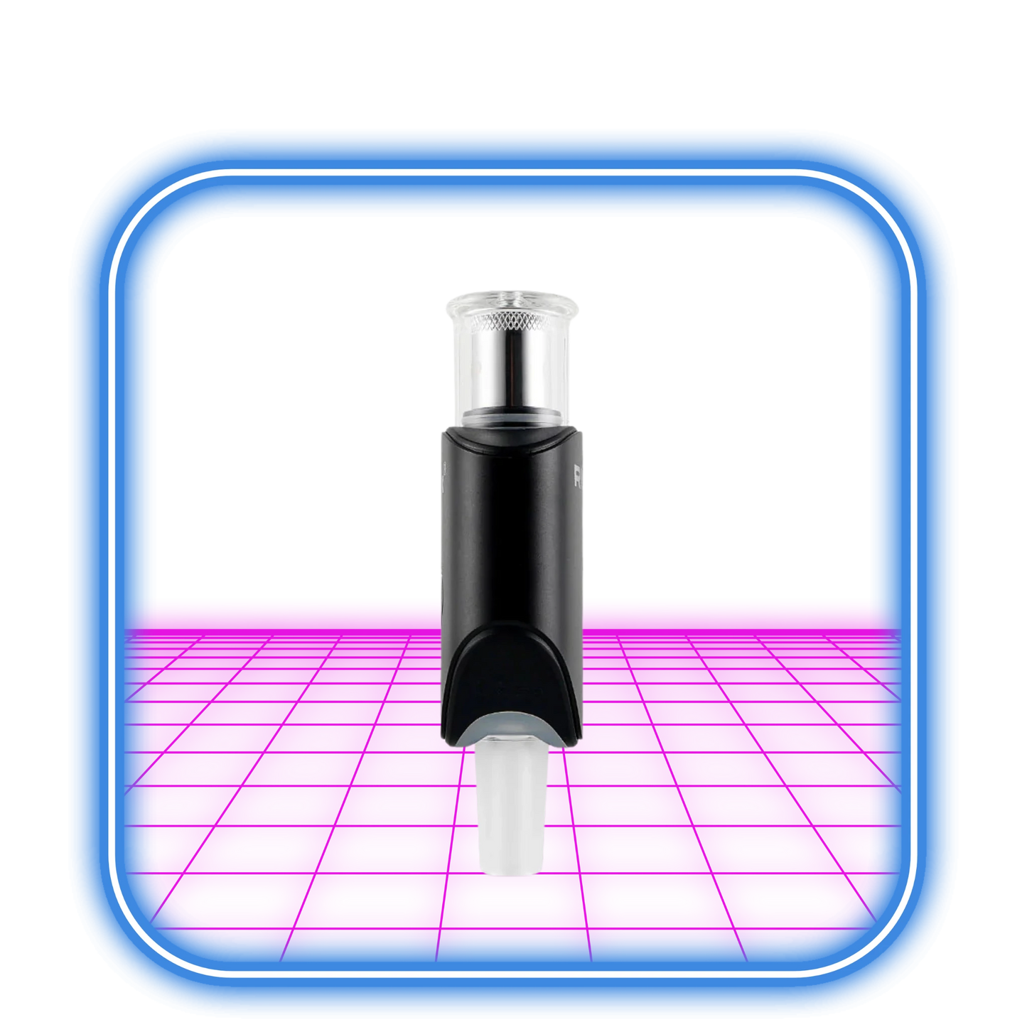 XMAX | Riggo - Svart vaporizer, i svart och silver med en vit avsmalnande ände, är centrerad inom en glödande blå och rosa rektangulär ram på en neonrosa yta.