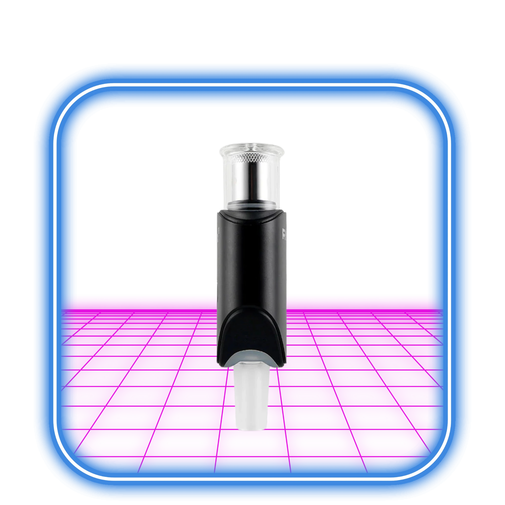 XMAX | Riggo - Svart vaporizer, i svart och silver med en vit avsmalnande ände, är centrerad inom en glödande blå och rosa rektangulär ram på en neonrosa yta.