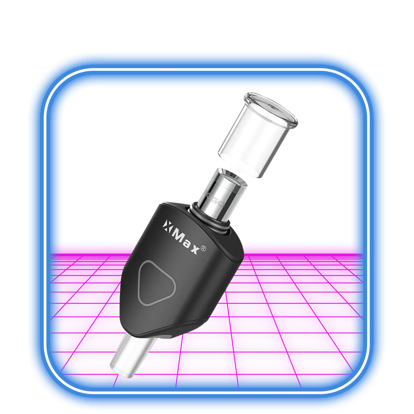XMAX | Riggo - Svart vaporizer visas med ett glasfäste mot en neonrosa och blå digital bakgrund, framhävd av en böjd rektangulär blå ram.