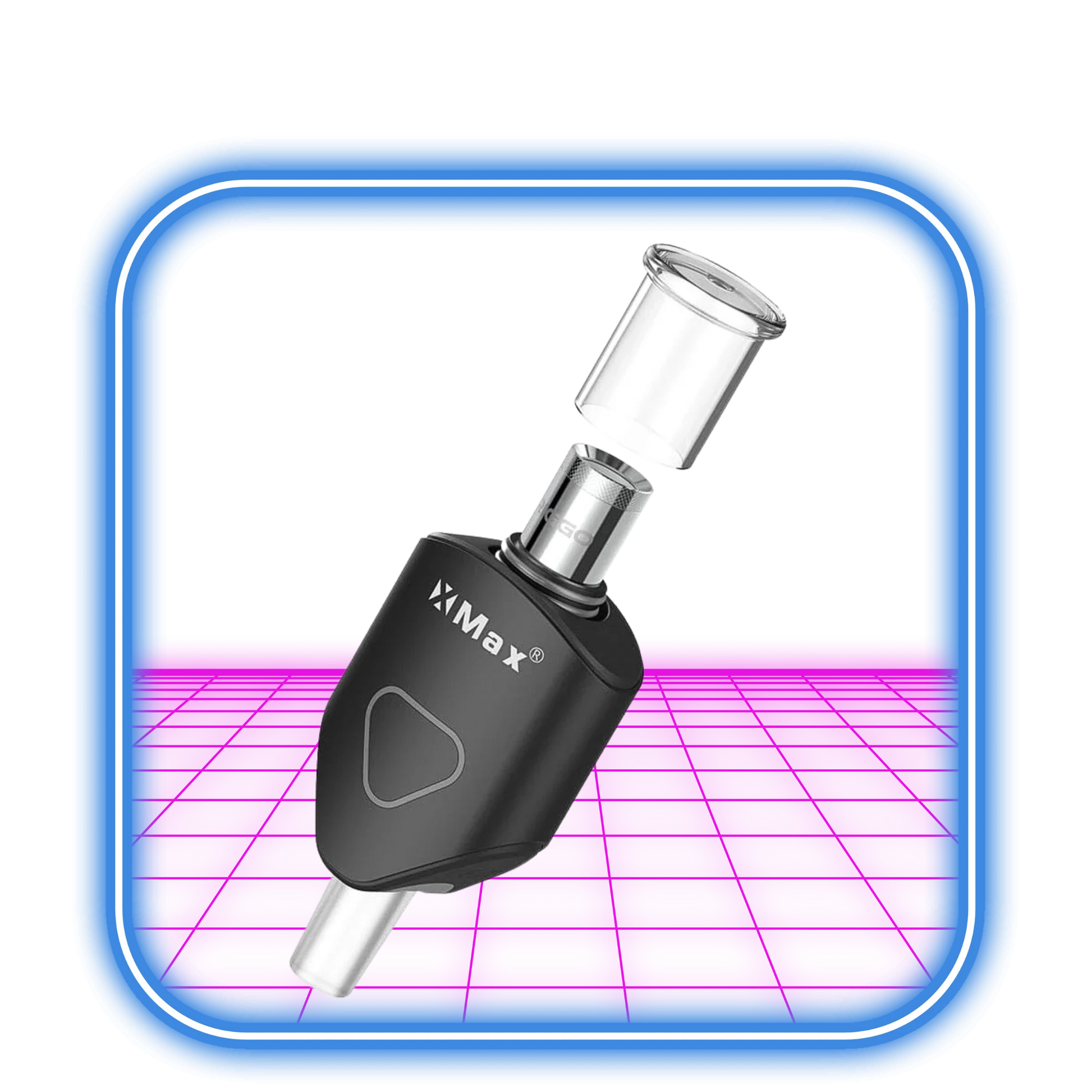 XMAX | Riggo - Svart vaporizer visas med ett glasfäste mot en neonrosa och blå digital bakgrund, framhävd av en böjd rektangulär blå ram.