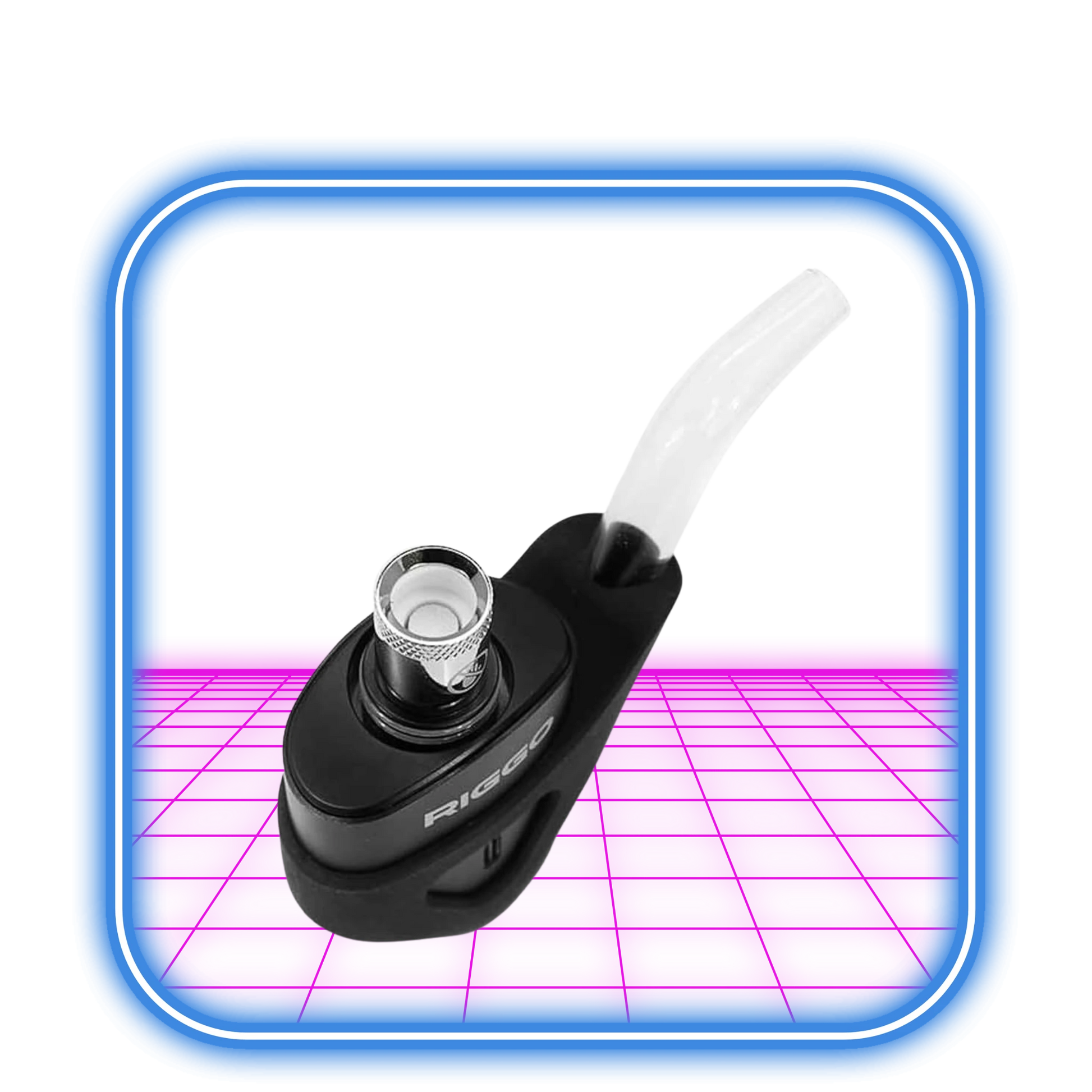 En svart XMAX Riggo vaporizer med en silverknopp och ett vitt rör fäst, visad i en rundad blå och rosa digital ram.